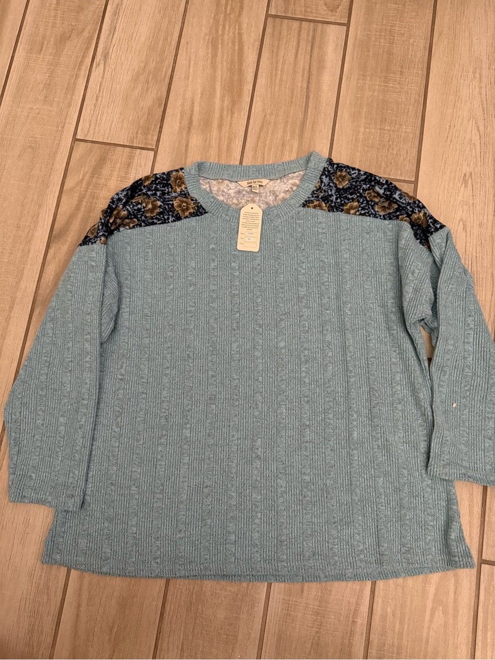 Yak N Yeti Light Teal Knit Sweater with Floral Shoulder Detail size M/L NWT